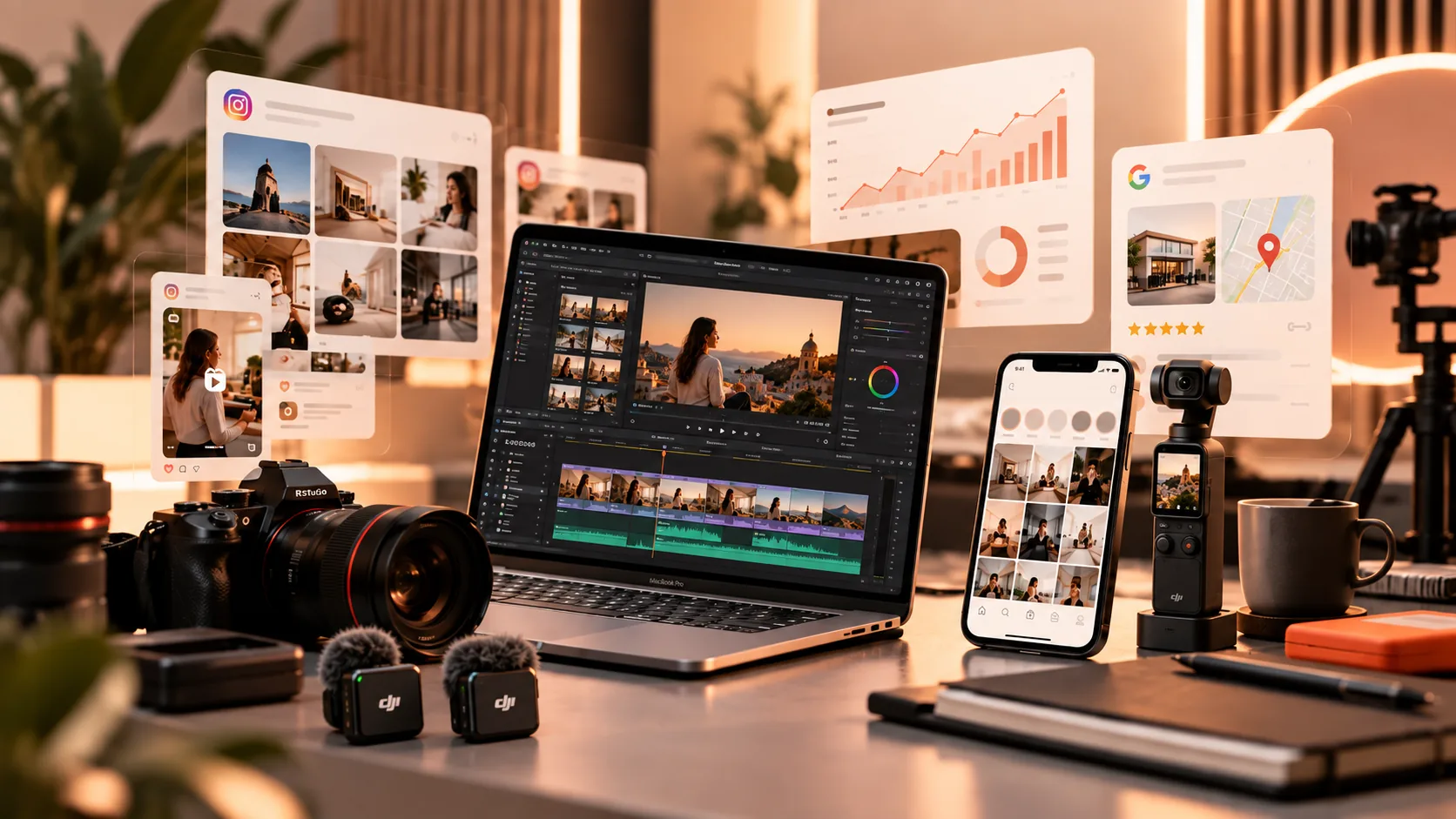 Content Factory studio sa video montažom, kamerama, DJI mikrofonima, društvenim mrežama i Google prisustvom