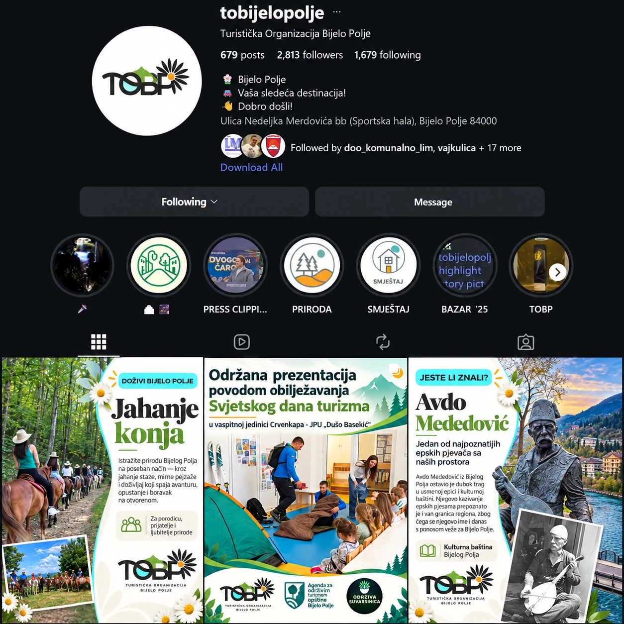 Instagram profil Turističke organizacije Bijelo Polje i objave koje je pripremio Content Factory